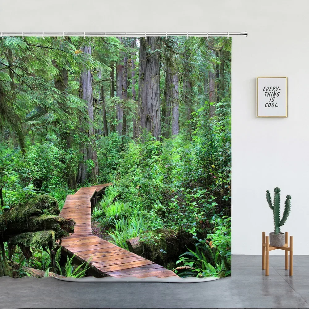 Natural Forest Shower Curtain Wooden Bridge Green Plants Spring Landscape Modern Decor Polyester Bathroom Curtains with Hooks