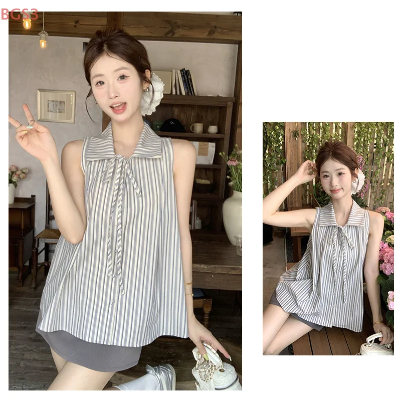

Korean Summer Fashion Vertical Striped Pleated Bow Tie Blouse Female Sleeveless Shirt