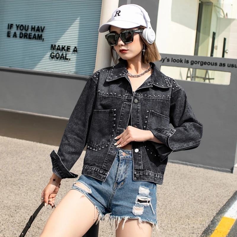 Heavy Embellied Denim Jaet Women's Spring Autumn Loose ort Sle Korean Version Small ence Design Sense