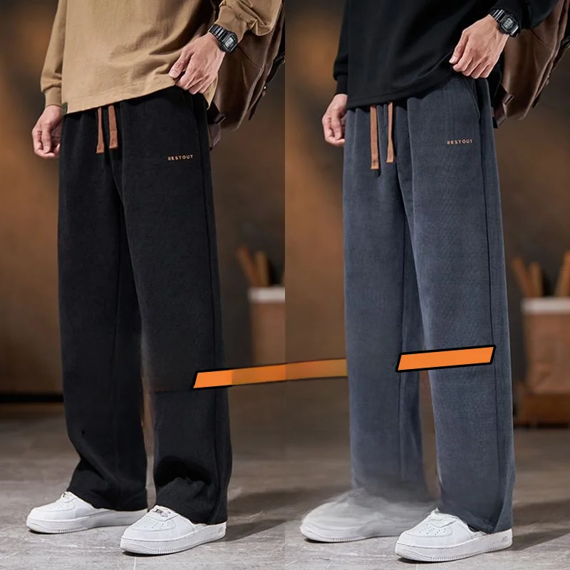 

Men's Casual Fleece Lined Corduroy Sweatpants Loose Fit Comfortable Warm Winter Straight Leg Pants Long Black Trousers