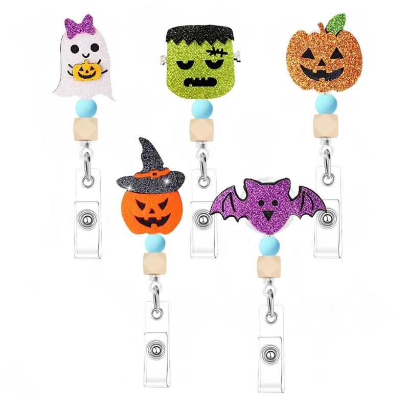 CORA Halloween Work Card Clip Set of 5 Retractable Badge Holder Clips with Clear Strap for Office Staff Access Cards School
