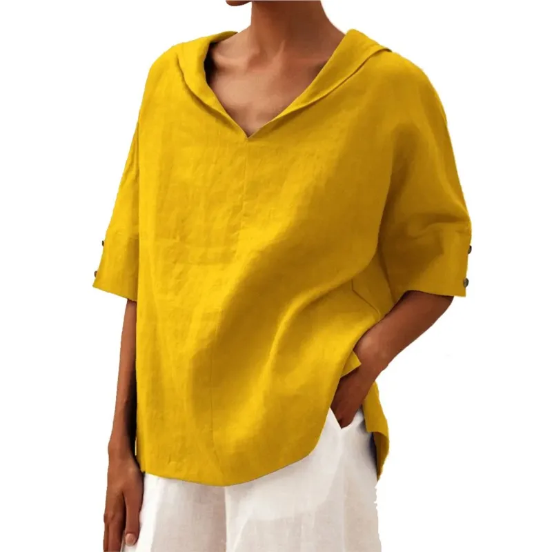Sólido algodão e linho solto camisa feminina com capuz meia manga pulôver topos solto ajuste blusas casuais para mulher verão streetwear