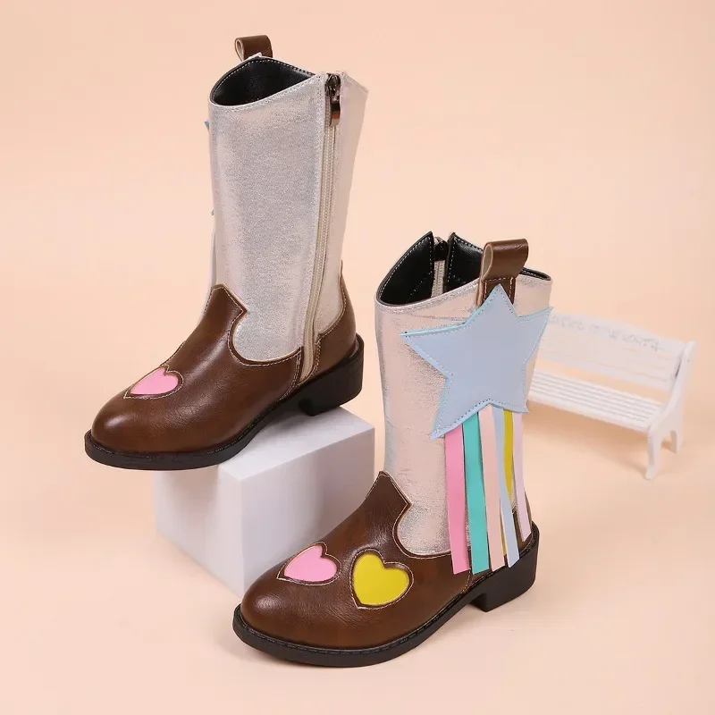 

2025 Autumn Winter New Girls Princess Riding Boots Bohemian Style Kids High Boots Side Zipper Children Mid-calf Boots Versatile