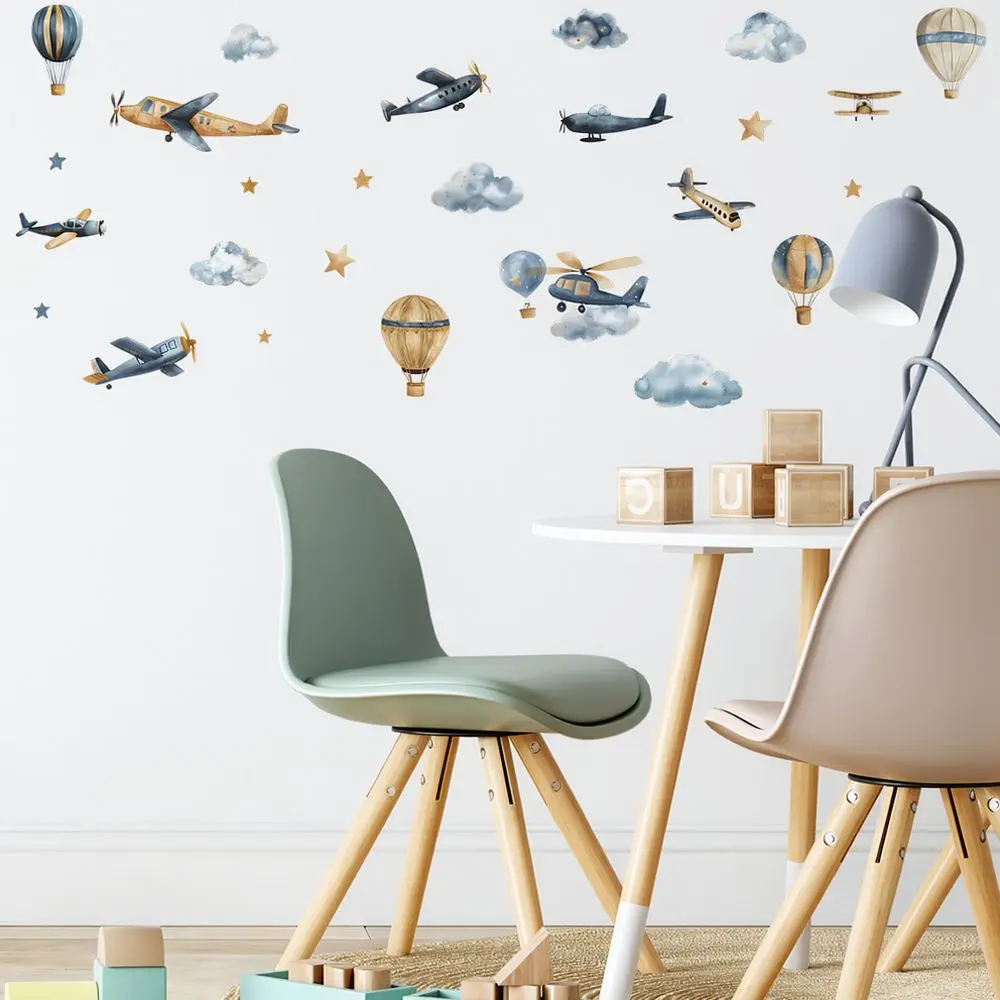 Modern Airplane Cloud Wall Sticker Hot Air Balloon Decal For Kids Room Nursery Bedroom Home Decor Interior Design