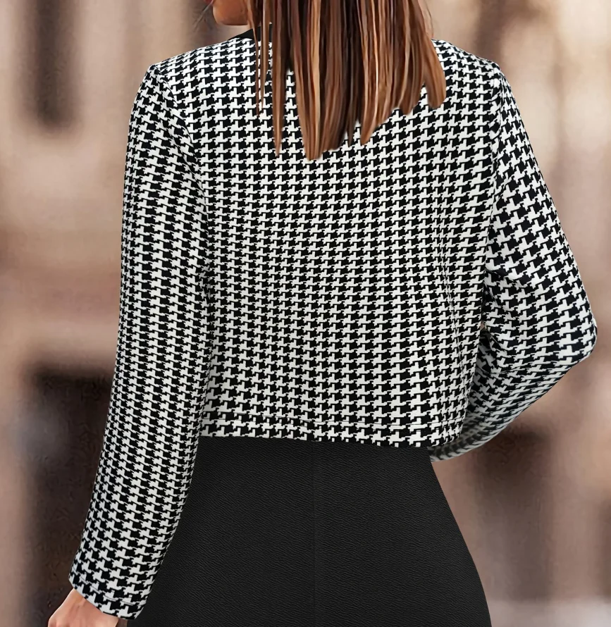 

Осенняя новая короткая куртка в клетку с круглым вырезом и контрастными сращивающимися металлическими пуговицами, модная женская классическая куртка
