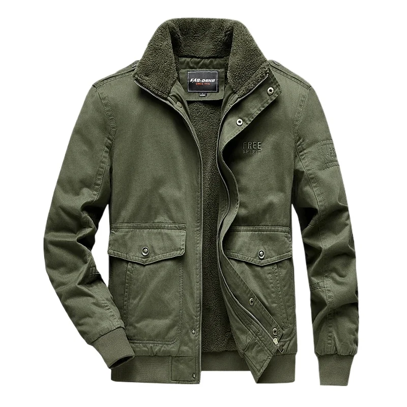 New Winter Mens Pure Cotton Fleece Lined Thick Washed Cargo Jacket Stand Collar Casual Outdoor All Match Versatile Warm Daily