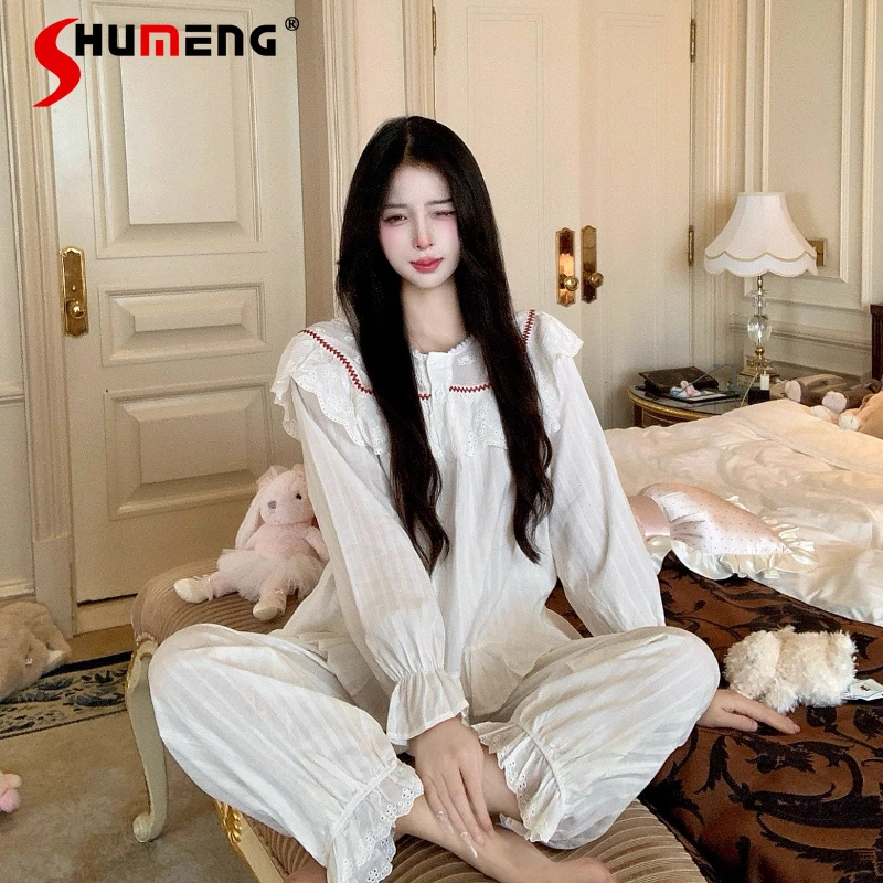 

Милый кружевной хлопковый пижамный комплект с длинными рукавами, женский осенне-зимний комплект домашней одежды в корейском стиле, женское нижнее белье в японском стиле Лолиты