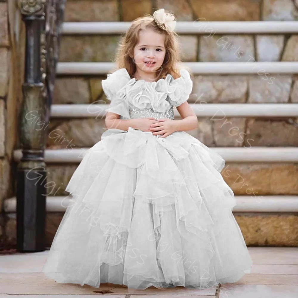 Vestido de princesa champán para niñas con flores hechas a mano en 3D, vestido de baile esponjoso, vestido de niña de flores de tul escalonado, vestido de fiesta personalizado
