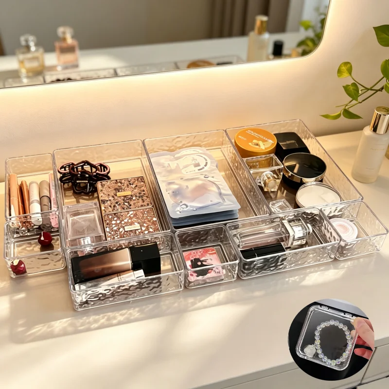 14-Piece Set of Water Ripple Transparent Beauty Storage Racks, Stackable Waterproof Plastic Bathroom Accessories Set, Multi-Specification Drawer Divider Trays + Mini Nail Polish Storage Box, Suitable for Dressing Tables, Bathroom Drawers, and Countertops to Organize Skincare Products, Makeup, and Jewelry