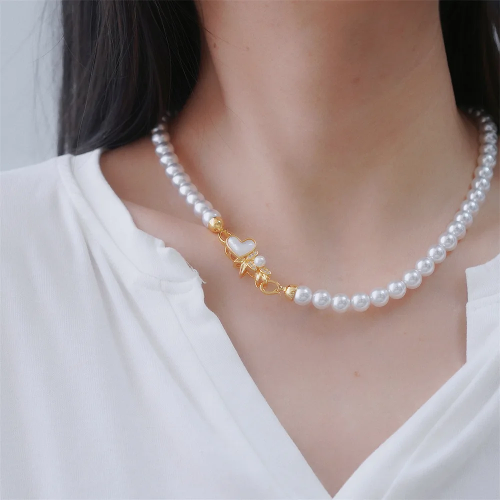 1 Piece Copper Plated Zirconium Heart Shell Pearl Necklace Bracelet Buckle DIY Jewelry Making Materials Accessories Wholesale