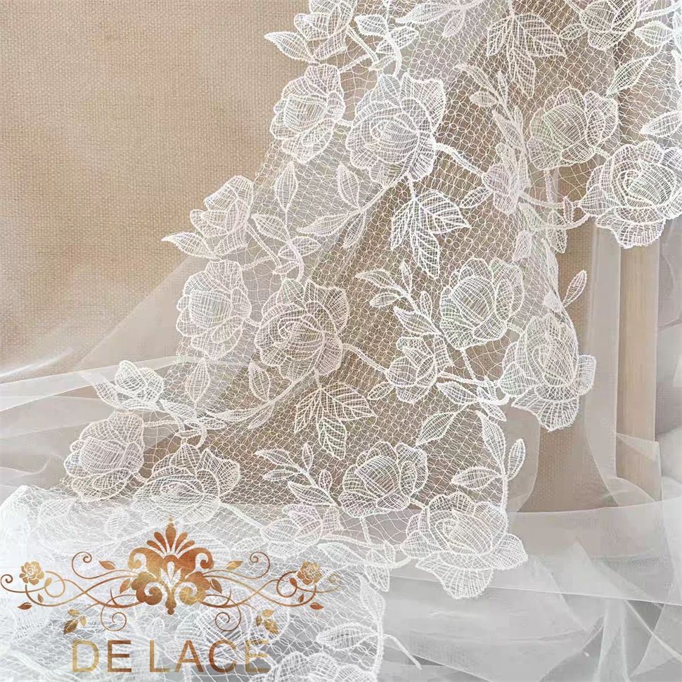 

SXGN Handmade DIY Wedding Dress Embroidery Fabric Lace Accessory Fish Silk Thread Hollowed-Out Wedding Dress Lace Fabric
