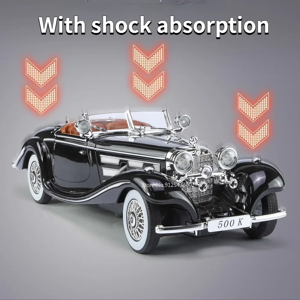 1:24 Mercedes-Benz 500K Vintage Car Toy Model Alloy Diecast Simulation Sound Light Pull Back Miniature Models Hobby Ornaments