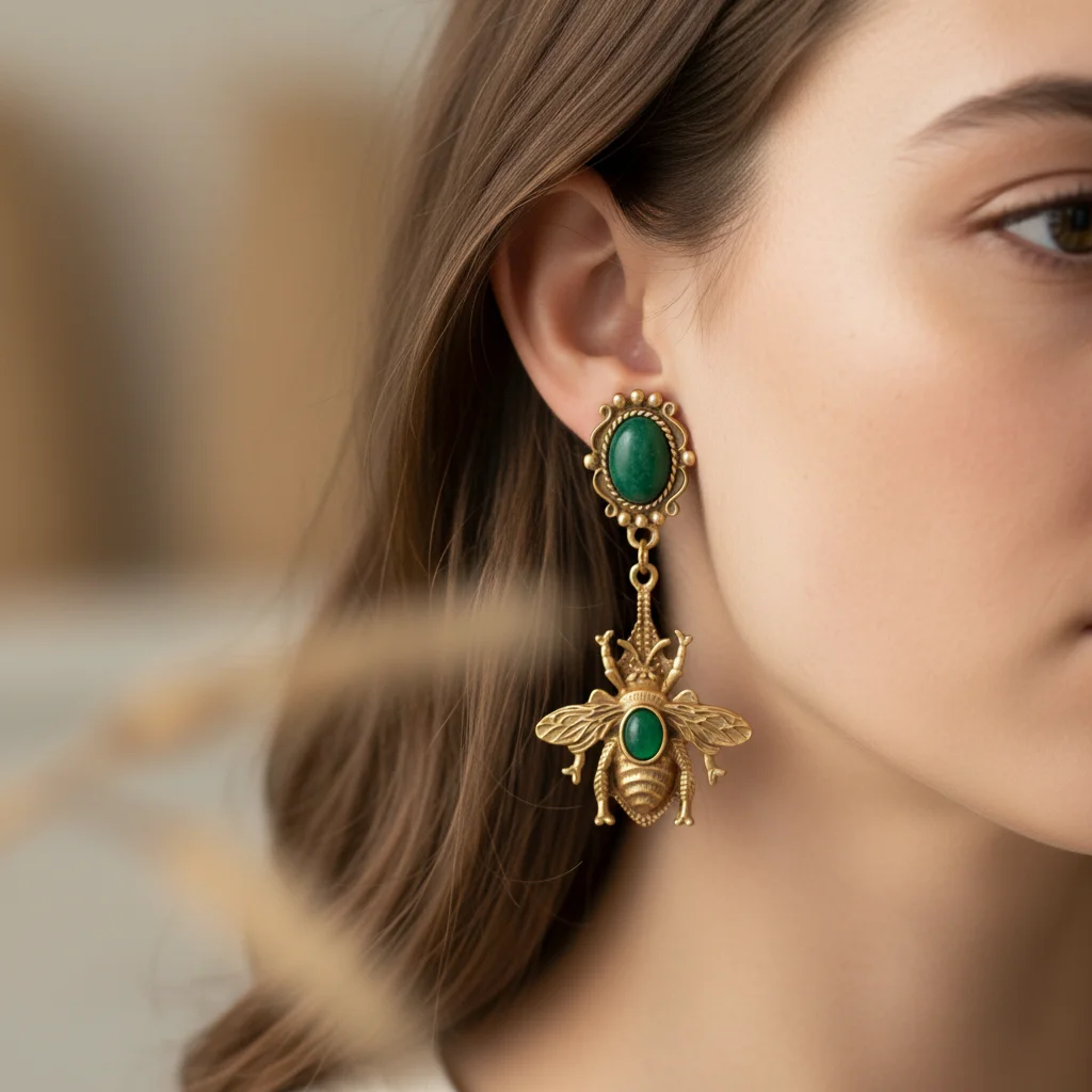 Vintage Baroque Bee Drop Earrings for Women - Gold Tone Gemstone Statement Jewelry Elegent Female Daily Ear Charm