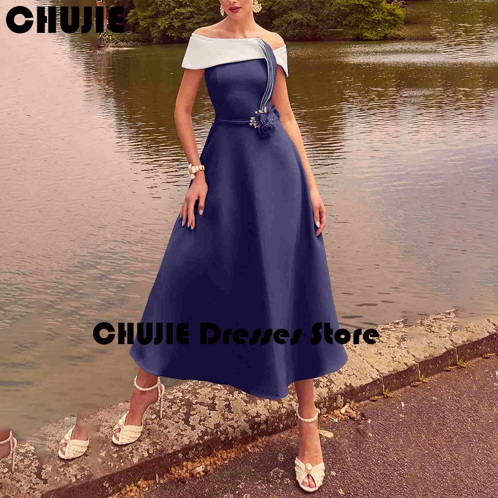 

Satin Off Shoulder Flower Mother Of the Bride Dresses For Wedding Tea Length Wedding Guest Dress Customized Formal Evening Gowns
