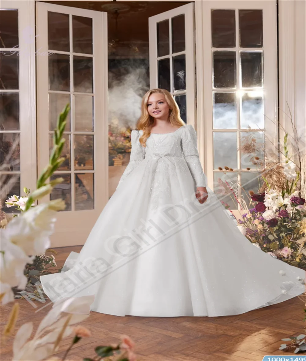 

White Flower Girl Dress Spoon Collar Backless For Wedding With Long Sleeves Birthday Party Communion Juvenile Dress