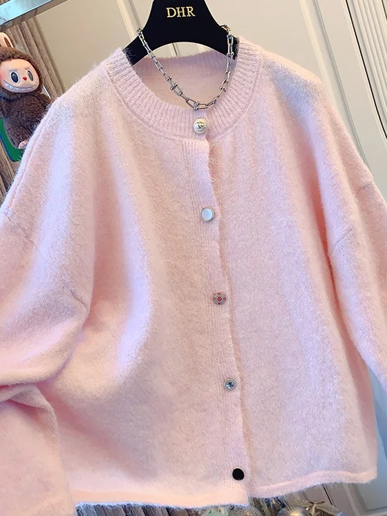 

Женский вязаный кардиган больших размеров из мягкого пушистого бархата, розовый, осенний топ 2025, модель 2300 Pou, 2 шт.