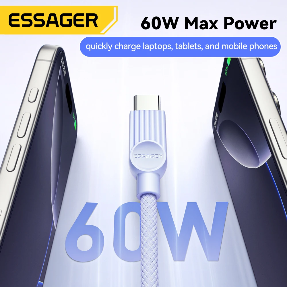 Essager USB C to USB C Cable PD 60W Type C Charging Cable for iPhone 16 MacBook Pro Samsung Xiaomi Macaron Colorful Quick Cable