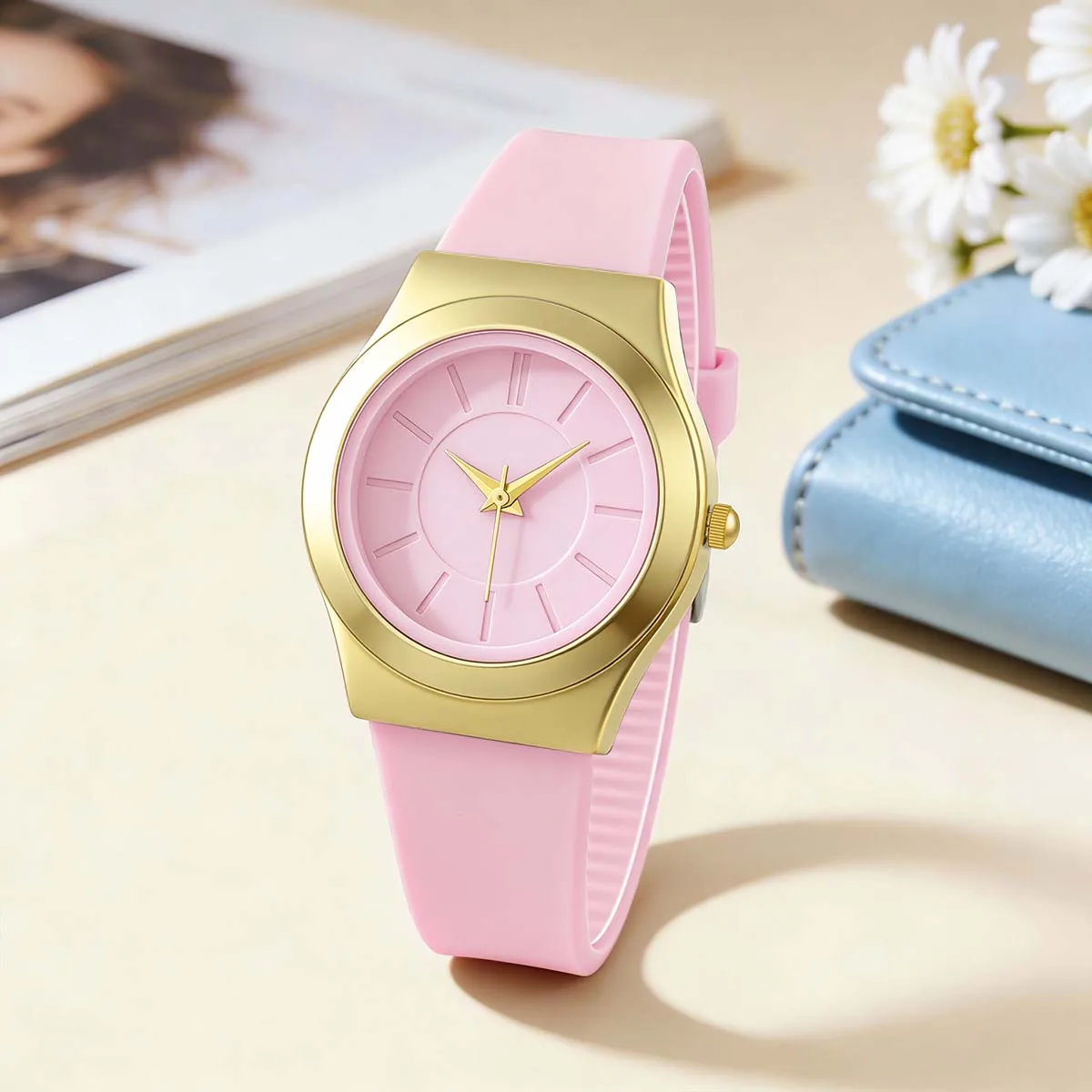 Women Minimalist Quartz Watch Soft Silicone Strap Gold Alloy Case Simple Line Dial Casual Ladies Watches