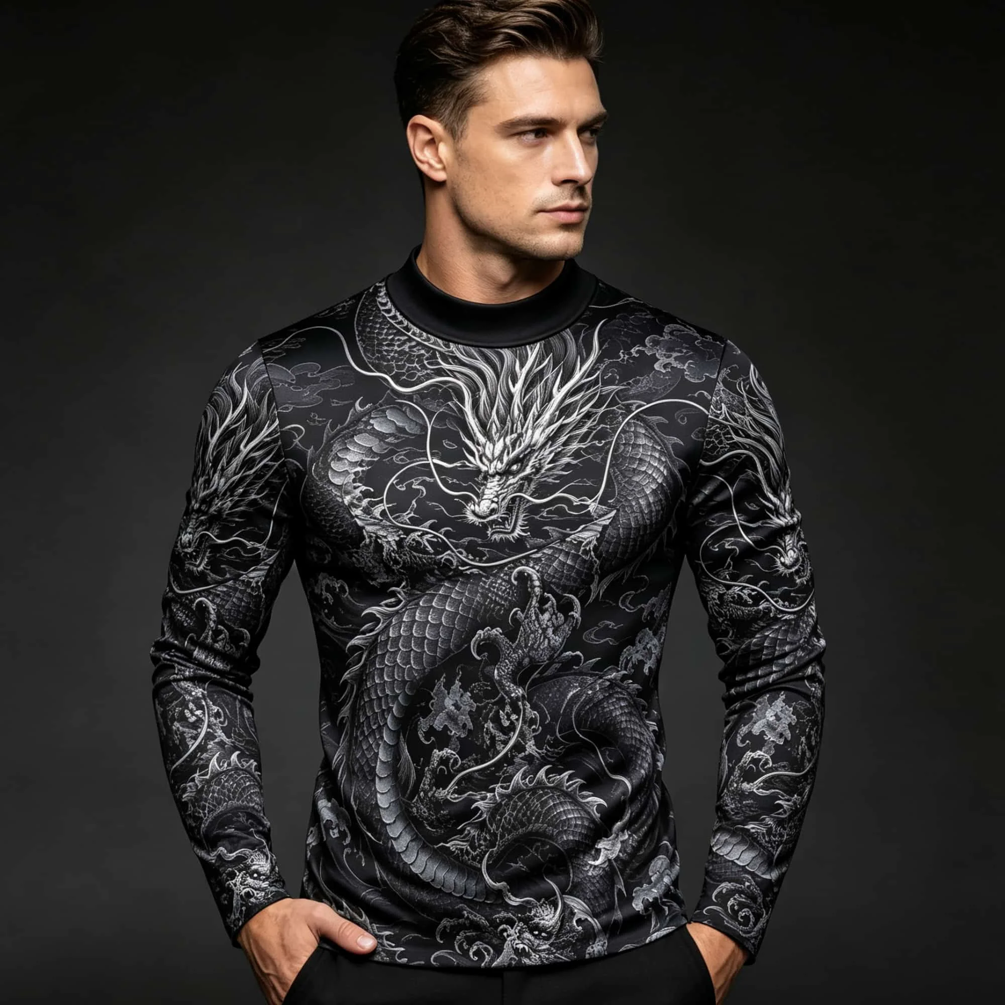 Personality Dark‑Tone Men Mock‑Neck Pullover Dragon Cloud Ornamental Pattern Printed Lightweight Casual Fashion Tops