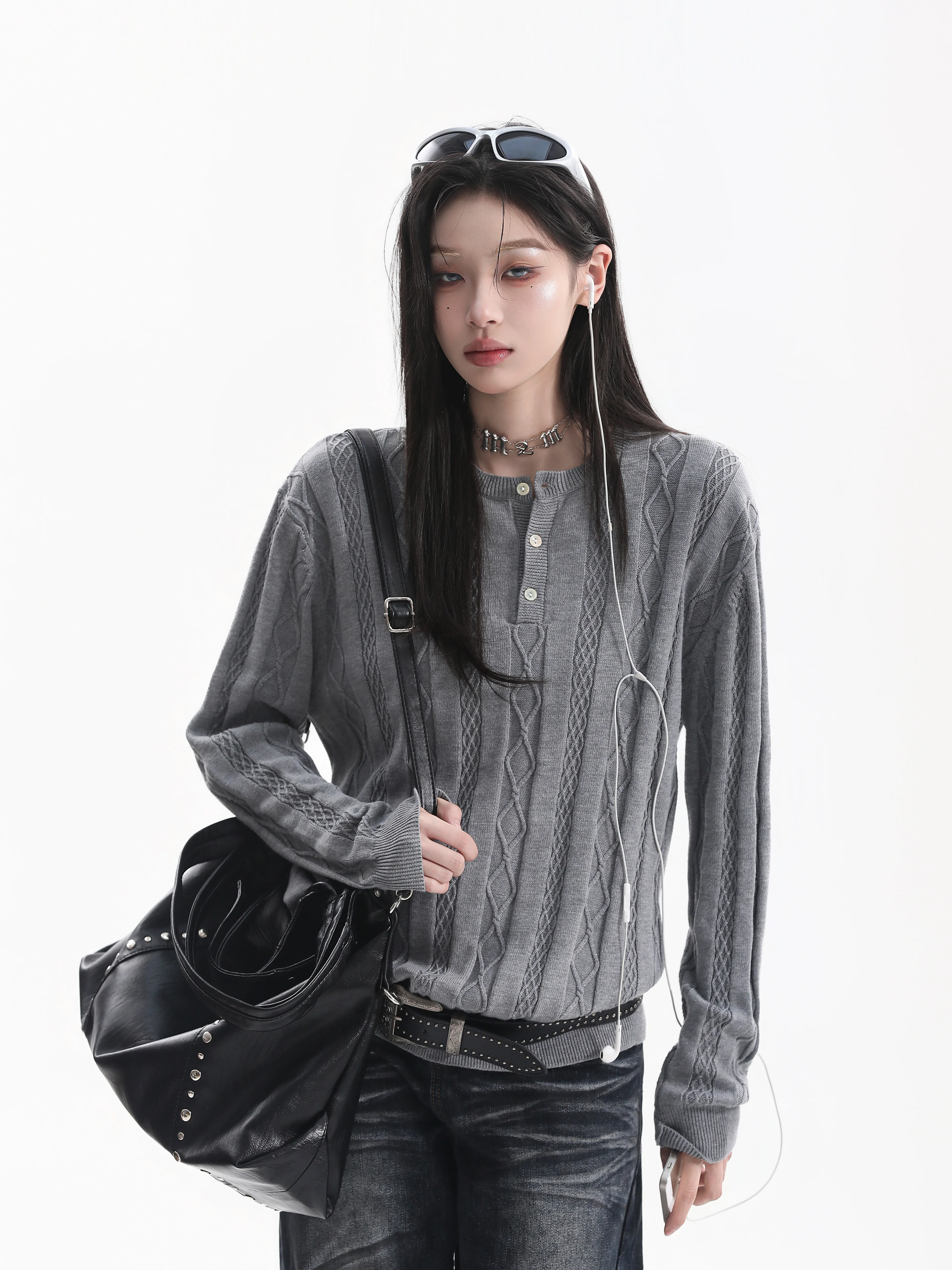 Autumn Vintage Knitted Twist Flower Design Women's Sweater Henry Collar Old Money Style Long Sleeve Warm Fleece round Neck Top