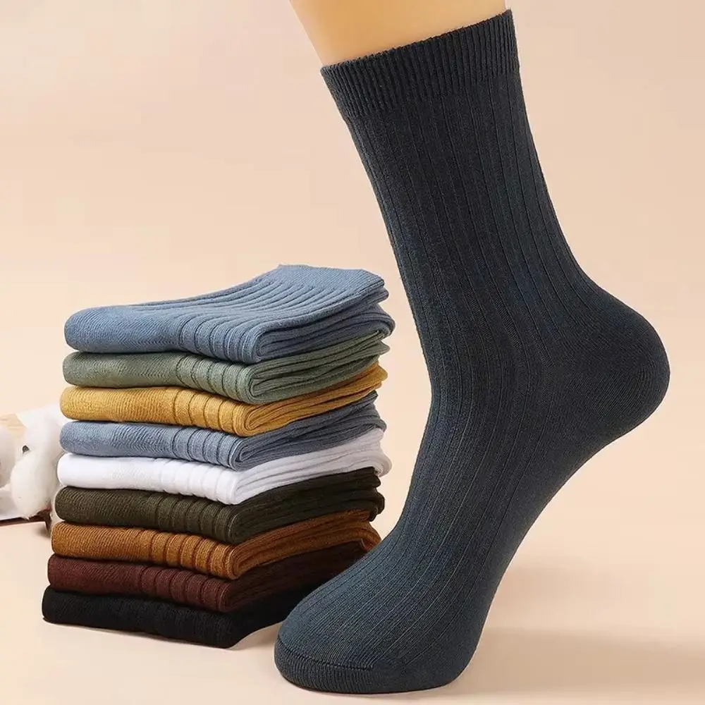 

5 Pairs Casual Double Needle Mid-Calf Socks Anti-Odor Sweat Absorbent Cotton Socks Thickened Long Socks For Men Autumn/Winter