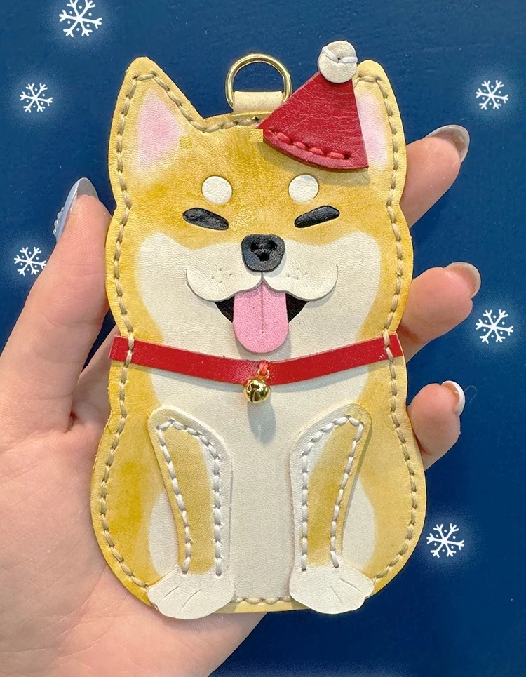 Handmade Genuine Leather Christmas Exchange Gift Christmas Key Bag Control Cowhide Hand Painted Key Bag Cute cartoon dog