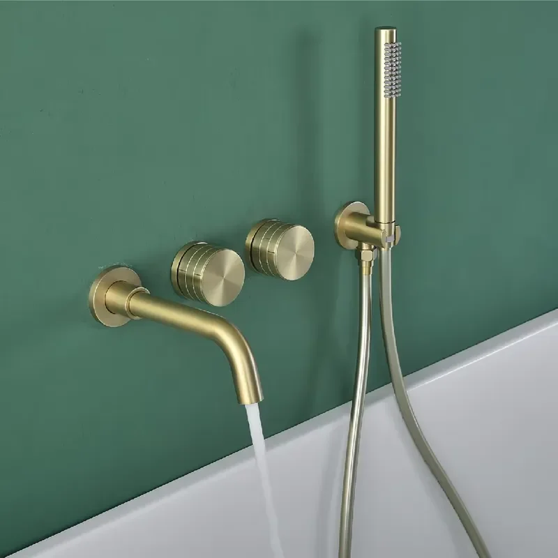 Wholesale Brass Brushed Gold Bathtub Concealed Cold Hot Light Ceramic Cylinder Edge Wall-Mounted Embedded Shower Set