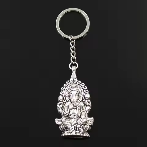 Fashion 30mm Key Ring Metal Key Chain Keychain Jewelry Antique Bronze Silver Color Ganesha Buddha Elephant 62x32mm Pendant