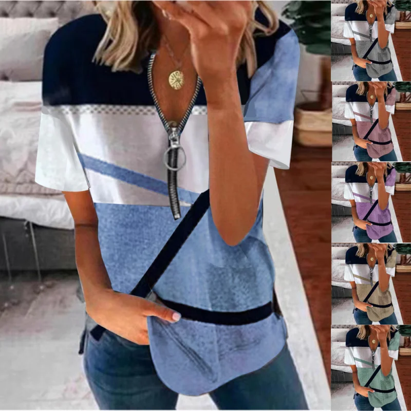 

2025PopularTEMUEuropean and American New Summer New Women's Clothing Zipper Printed Loose Short SleeveTShirt Top
