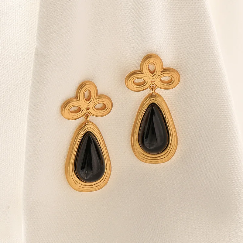 

Vintage Fashion 18K Gold Filled Natural Black Agate Chinese Knot Ear Stud Waterdrop Stone Dangling Drop Earrings Ceramic Jewelry