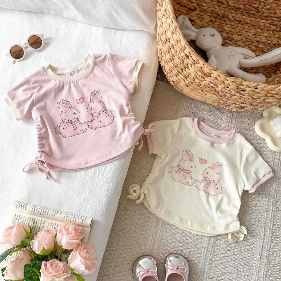 

Kids Girls Cute T-shirt Rabbit Print Short Sleeve Pullover Soft Tee 1-6Y Children Summer Fashion Versatile Shirring Tops Clothes