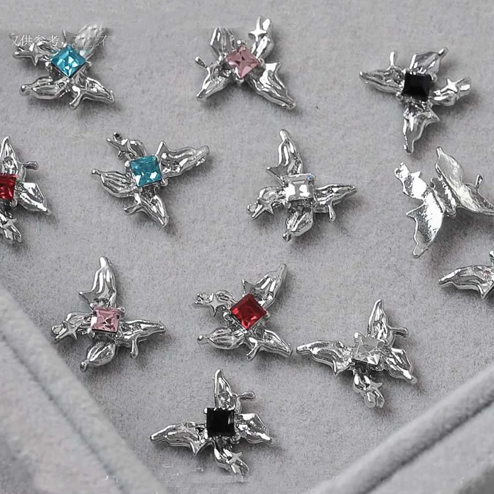 10pcs Silver Alloy Butterfly Nail Art Charm 3D Liquid Flow Butterfly with Diamond Nail Decor Parts DIY Japanese Nail Accessories