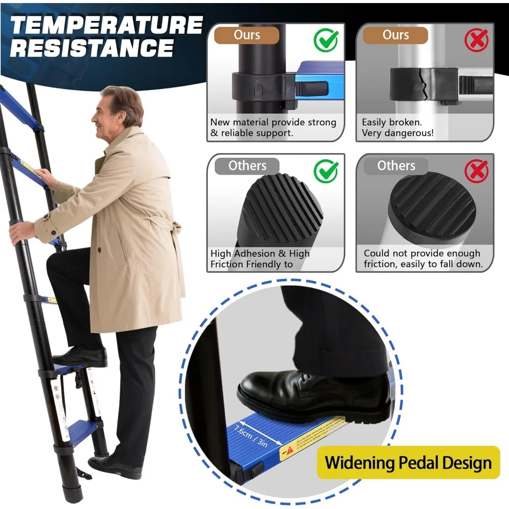 سلم تمديد خفيف الوزن من الألومنيوم بطول 8.5 قدم، خطوات دواسة واسعة، سعة 330 رطل، شديد التحمل، للاستخدام متعدد الأغراض