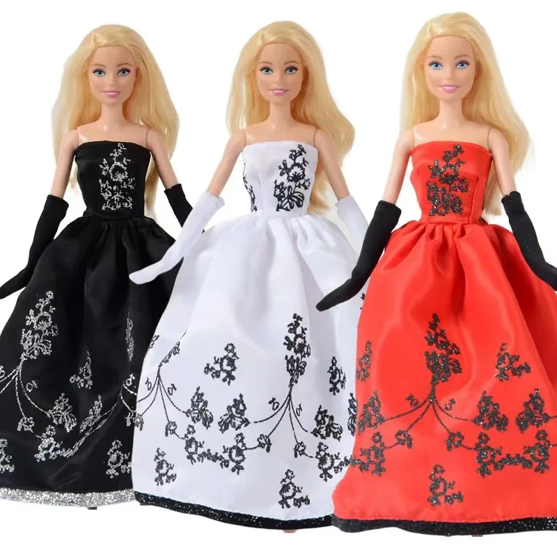 White Red Black Wedding Dress For Barbie Outfits Gloves 1/6 Doll Clothes For Barbie Dollhouse Accessories Evening Gown Toy 11.5