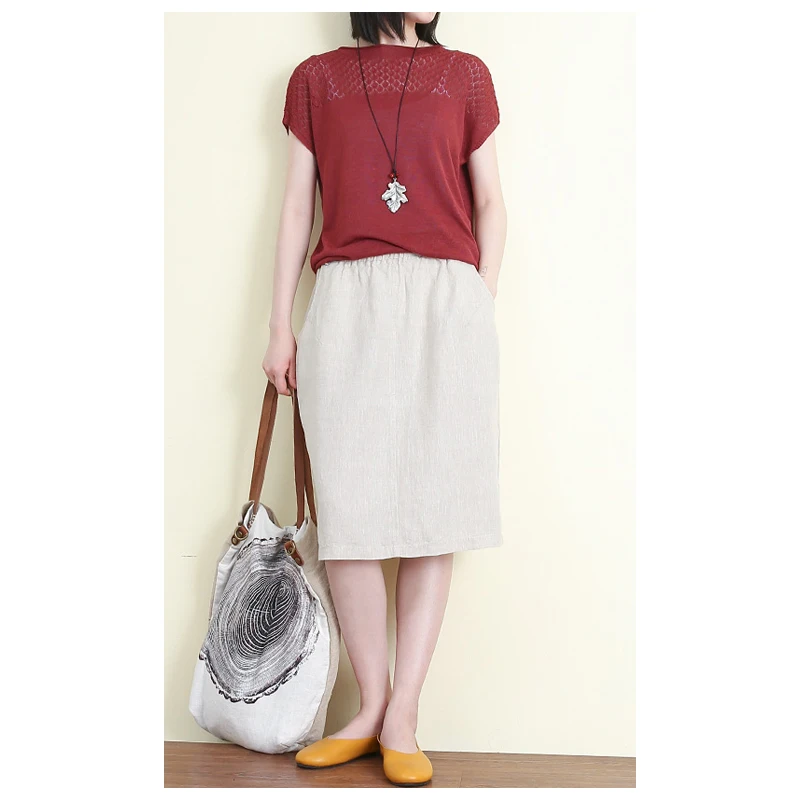 High-end Linen Spring Summer Women's Skirt White Temperament Simple Solid Color Knee-length Skirt Comfortable Cool Breathable