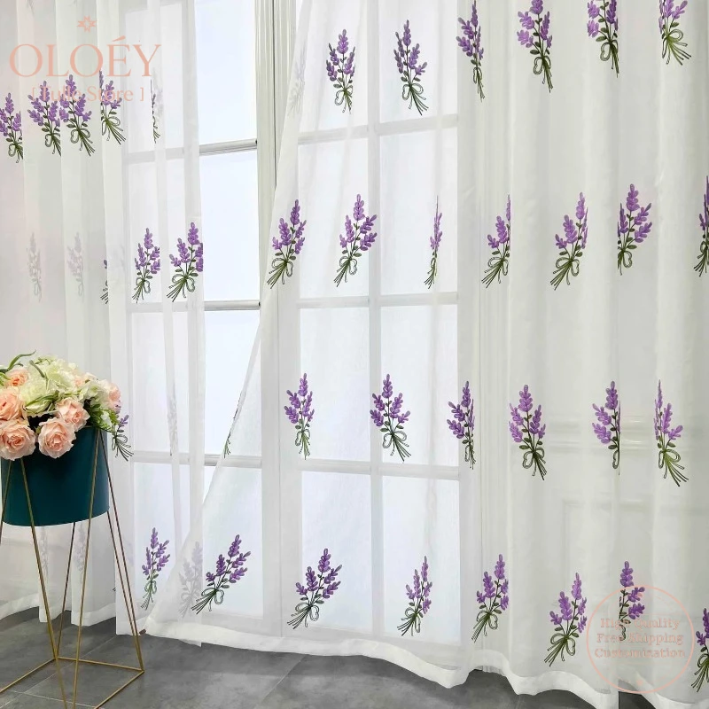 

Rustic Floral Tulle Curtains for Bedroom American Pastoral Purple Lavender White Embroidered Tulle Sheer Voile Living Room Decor