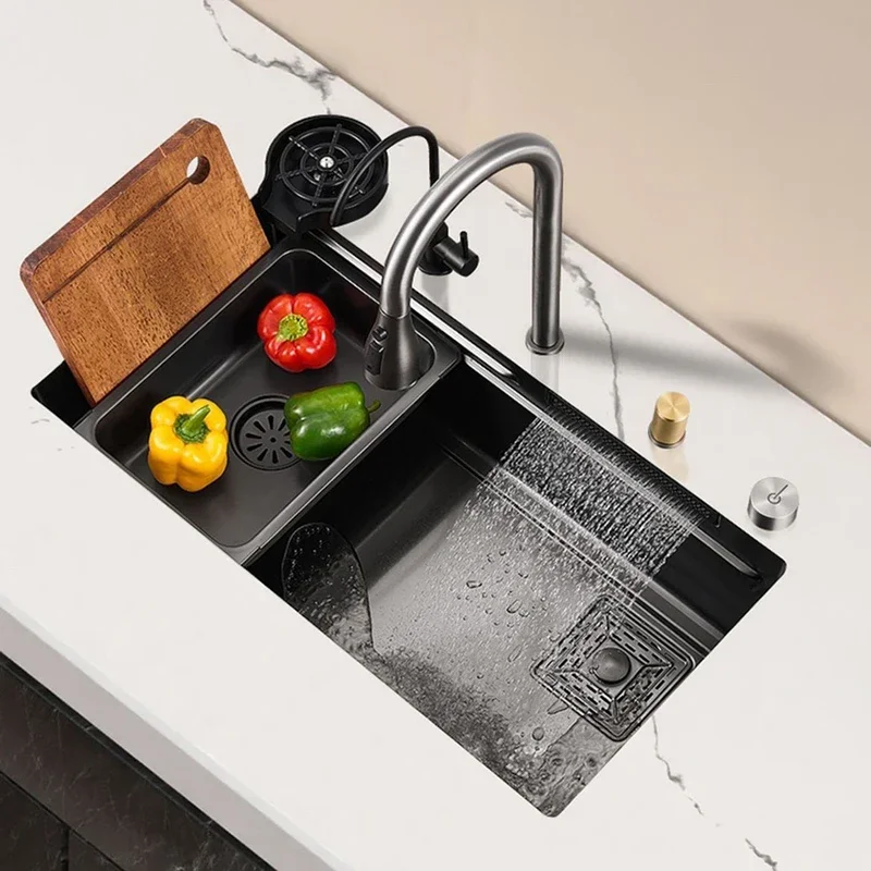 

Black Nanometer 304 Stainless Steel Waterfall Kitchen Sink 3MM Thickness Large Single Slot Above Mount Waterfall Faucet