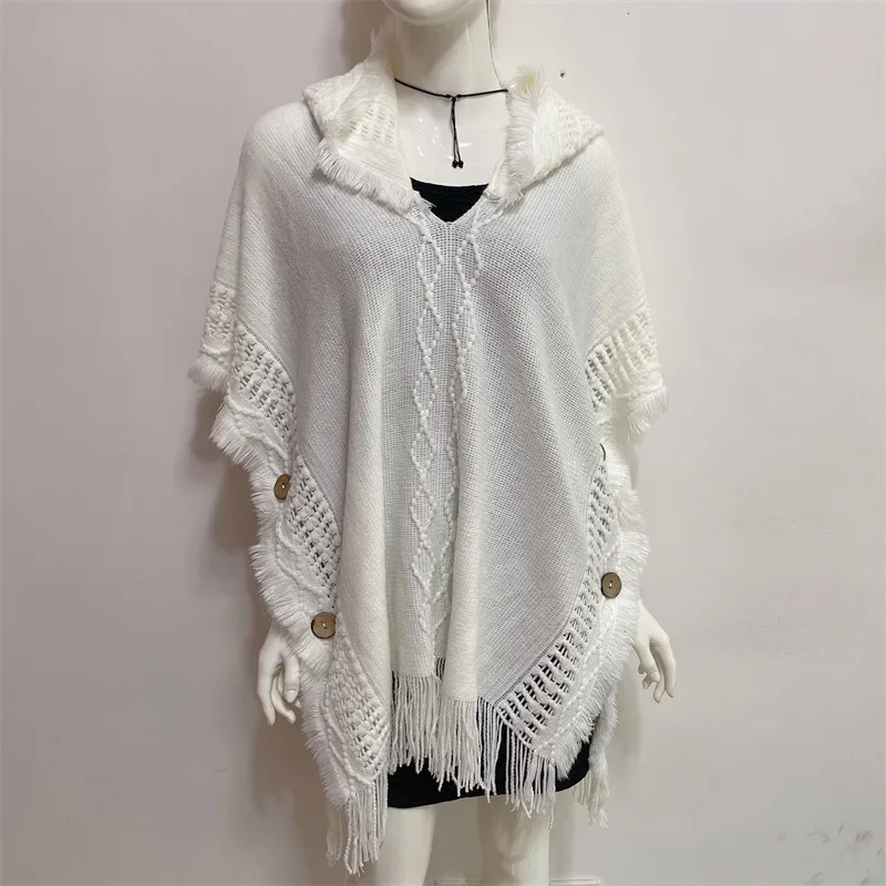 Autumn Winter Women's Large-size Cloak Hooded Pullover Sweater Fringe Knitted Cape