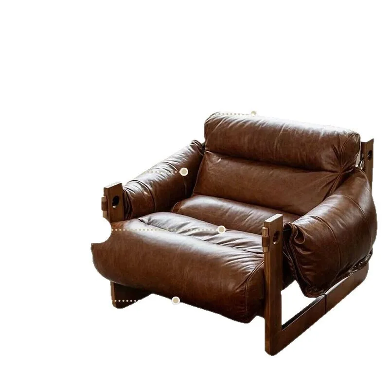 

Single sofa chair Living room antique leather sofa chair Leisure lazy chair Solid wood retro lying