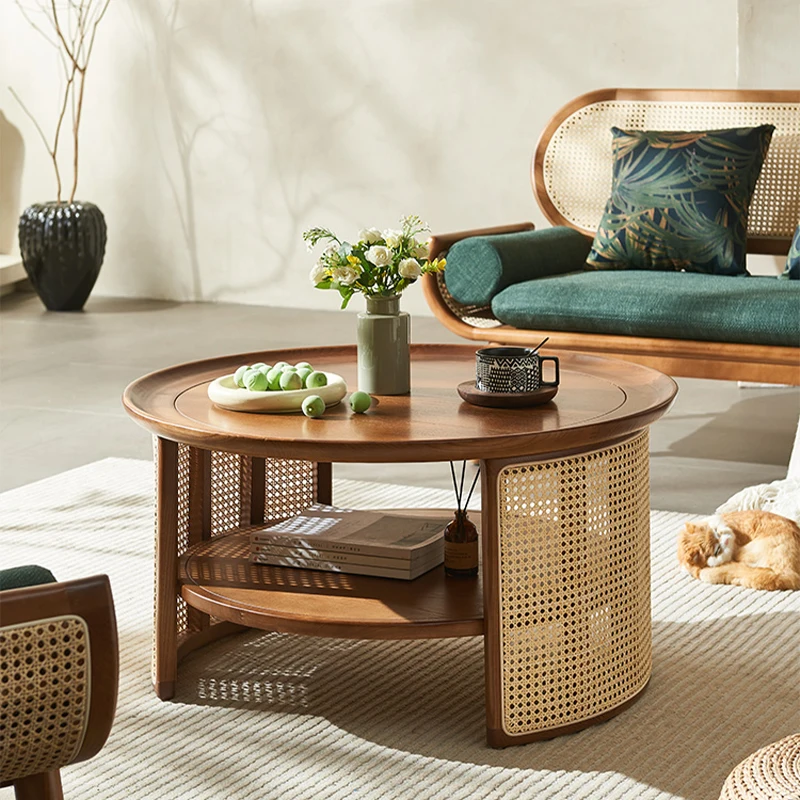 Coffee Table Modern Nordic Retro Wood Rattan Round Tables Living Room Furniture Rattan Bedside Table столик сервировочный