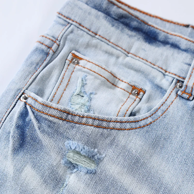 High Street Fashion Men Jeans Retro Light Blue Stretch Skinny Fit Patched Ripped Jeans Men Brand Designer Hip Hop Denim Pants