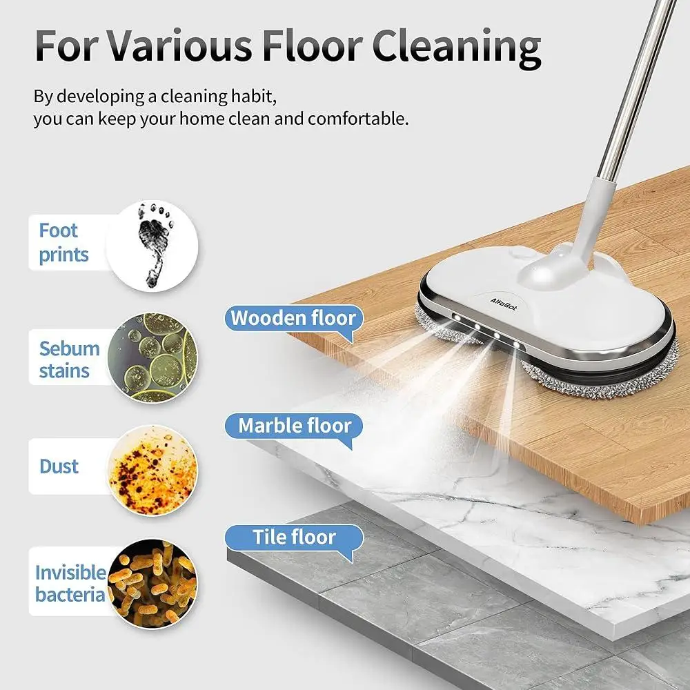 ممسحة كهربائية لاسلكية مع بخاخ مياه برأس دوار مزدوج، خفيف الوزن، زاوية قابلة للتعديل، تنظيف الأرضيات من بلاط الخشب الصلب