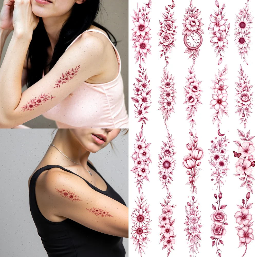 

9pcs Temporary Tattoo Floral Designs Red Line Botanical Tattoos Temporary Tattoo Stickers For Arms Ladies Back