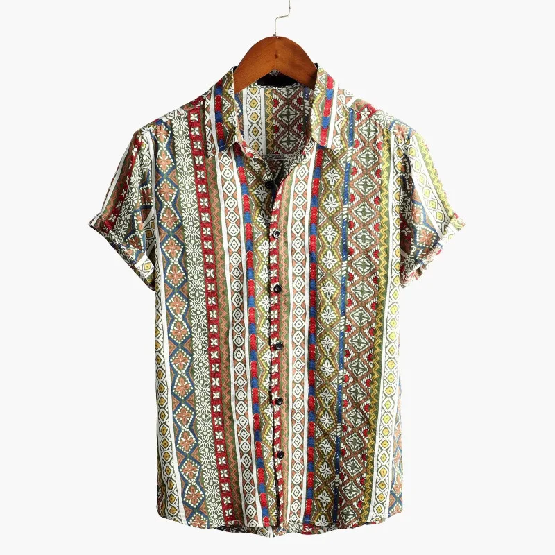 2026 Summer Mens Bohemian Ethnic Shirt 3D Geometric Tribal Print Short Sleeve Casual Oversized Vintage Hawaiian Camisa Boêmia