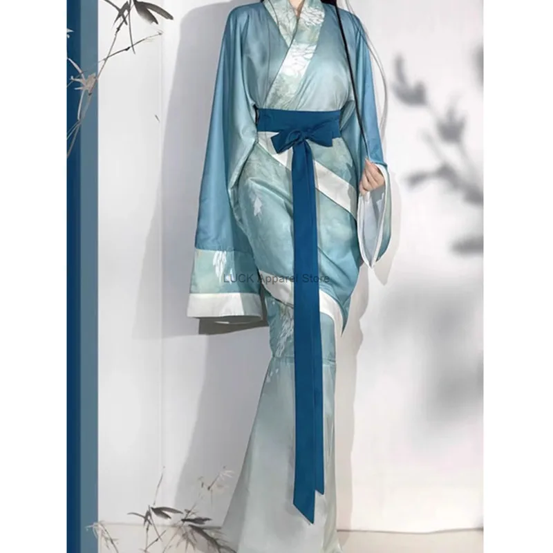 Hanfu Double Wrapped Around The Lake Blue Fish Tail Hanging Hu Sleeves Curved Train Non Film Studio Ancient Costume