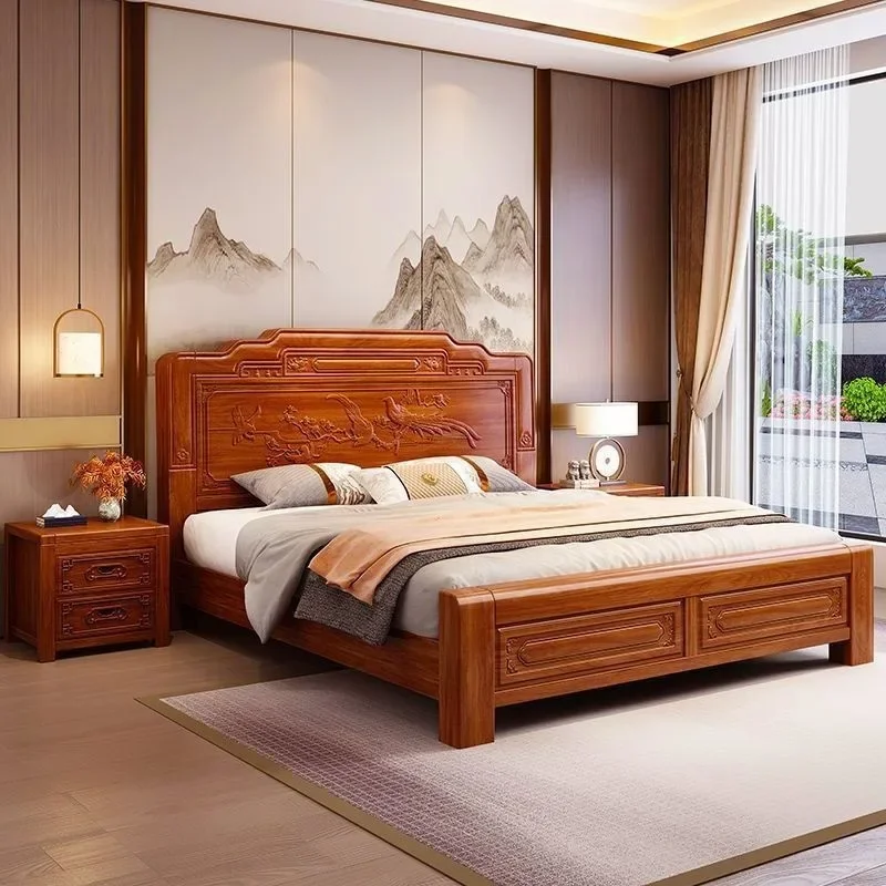 New tenon and mortise structure golden rosewood all solid wood bed Chinese carved antique bed