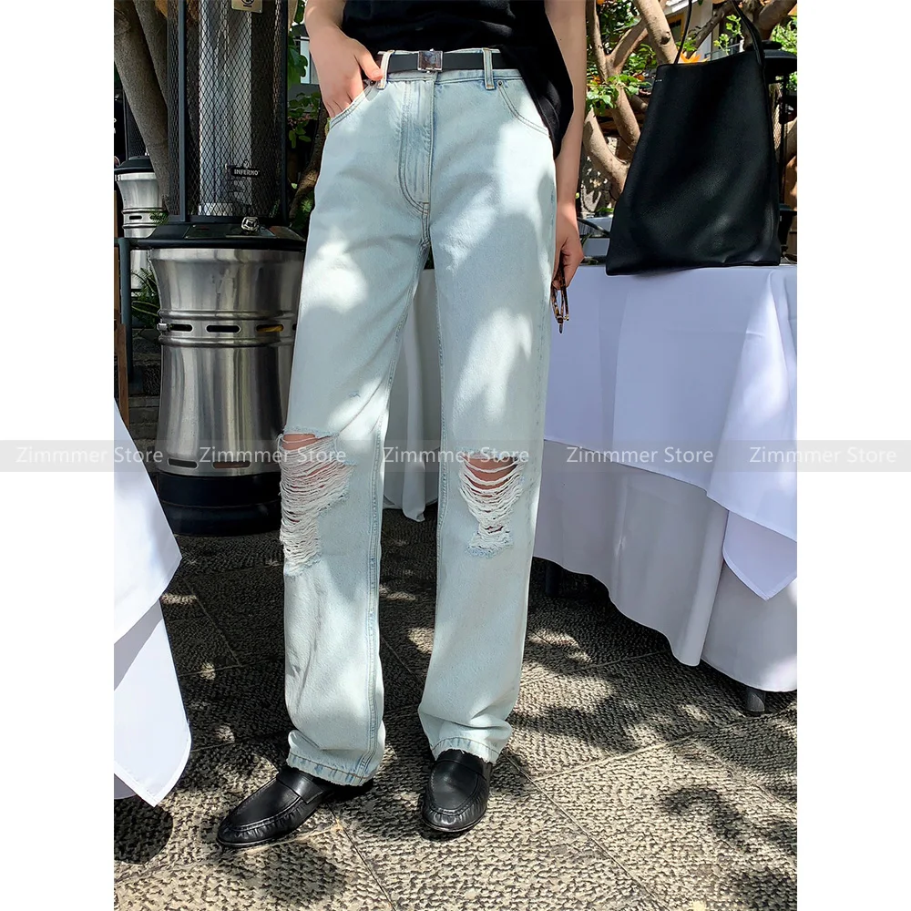 

Fashionable niche do old washed and abraded white high-waisted broken holes jeans female pants summer new thin straight pants