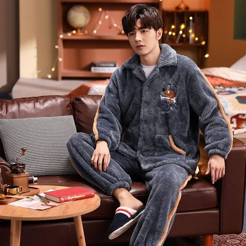 Coral velvet pajamas for men\'s winter plush and thickened set, warm winter flannel cartoon for young men\'s home wear