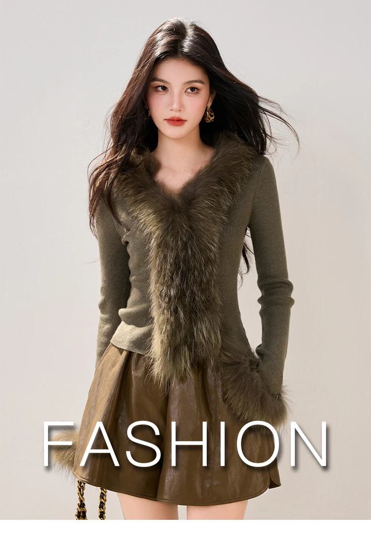 Luksusowy kardigan z dużym futrzanym kołnierzem, dzianinowa kurtka damska na jesień i zimę, dopasowany krój i super wygląd, miękki.