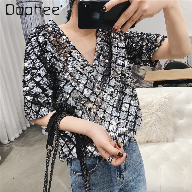 Silver Sequined T-shirt Women Summer Sparkling Heavy Industry Short Sleeve V Neck Loose Tees Top Casual Party Club Clothing